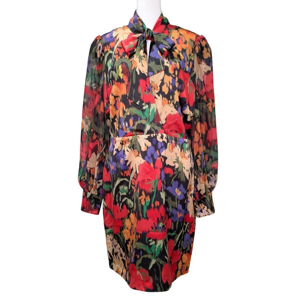 Marciano‎ Guess Floral Open Back Sheer Sleeve Pussybow Evening Elegant Dress L
